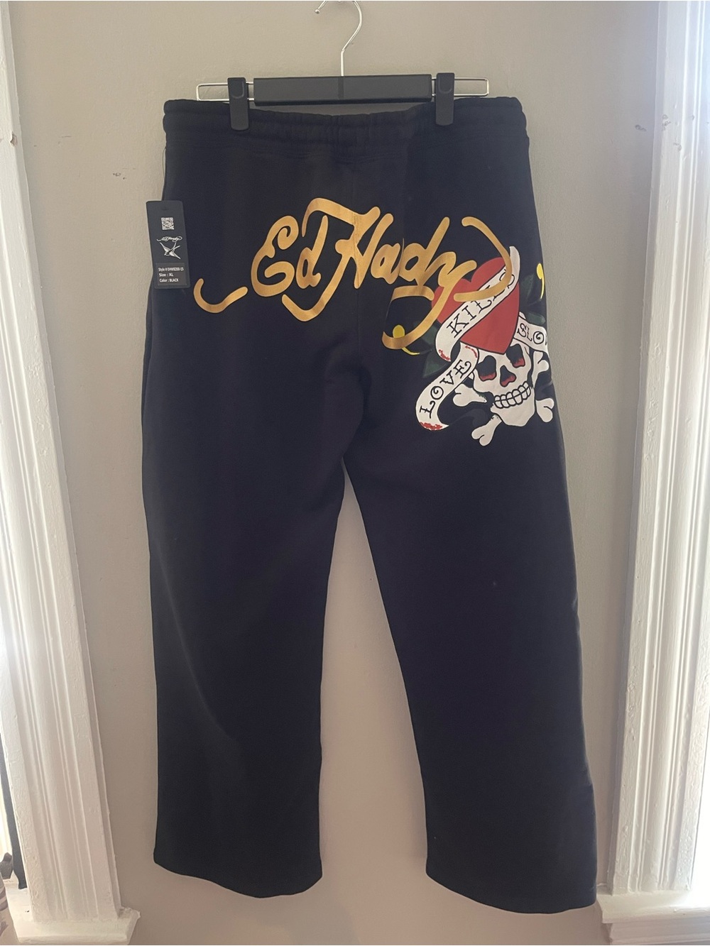 Ed Hardy Black Sweatpants with Yellow Script and Skull Graphic